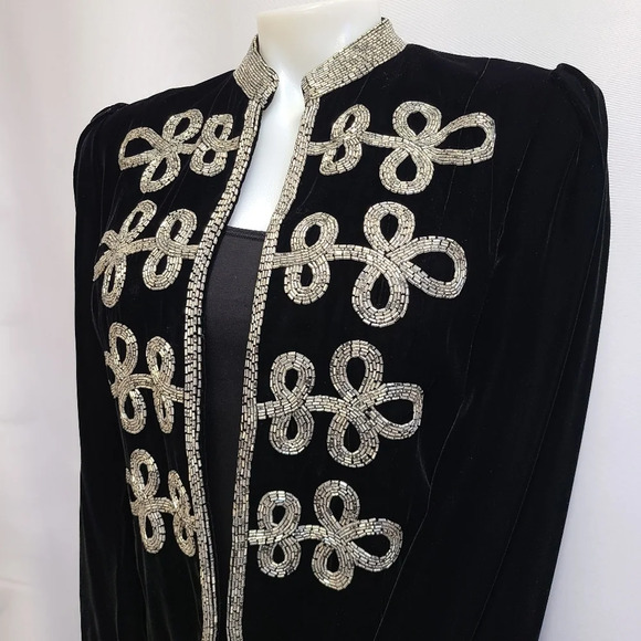 Oscar de la Renta Lillie Rubin Vintage Black Velvet Silver Beaded Jacket Medium - Picture 7 of 16